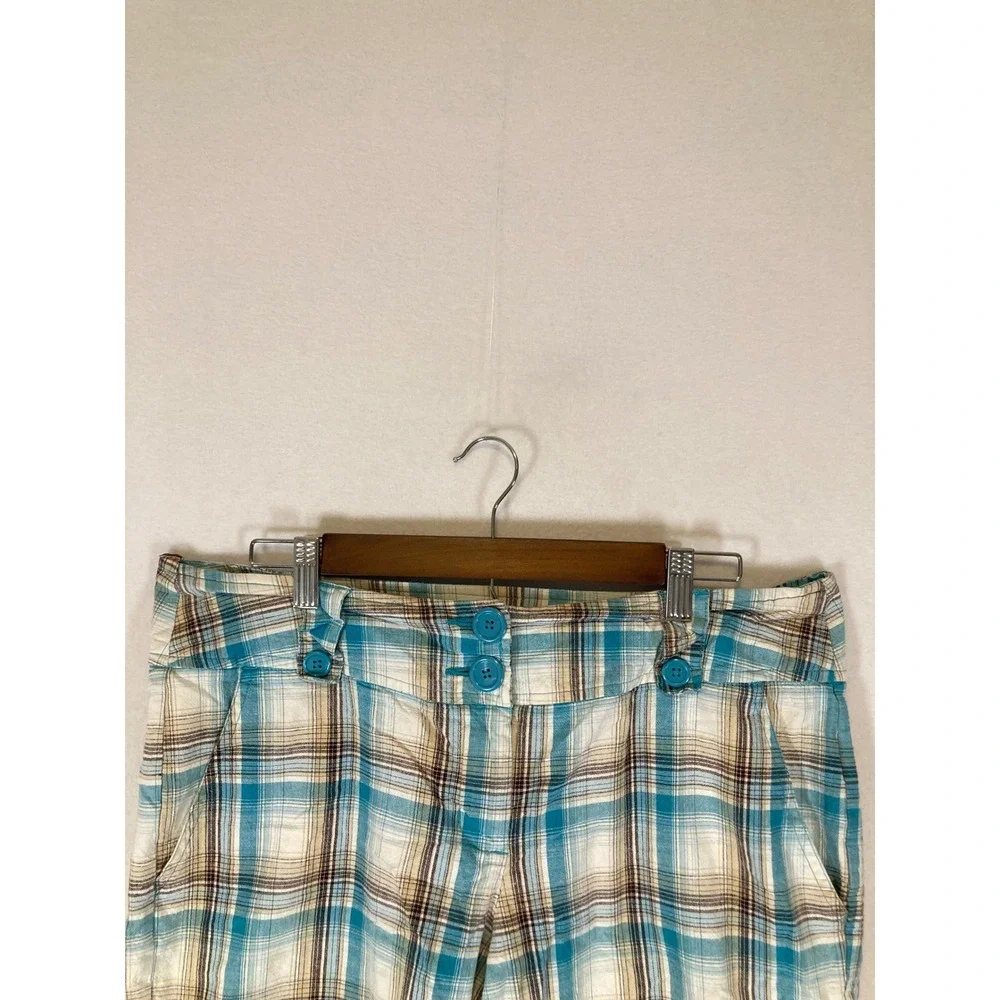 Y2K Coastal Bugle Boy For Her XL Turquoise Brown Plaid Cotton Blend Shorts